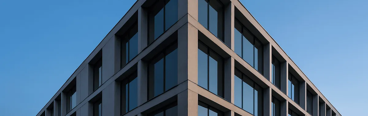 Architekturfotograf in Wien fotografiert eine moderne Glasfassade mit geraden Linien in der blauen Stunde