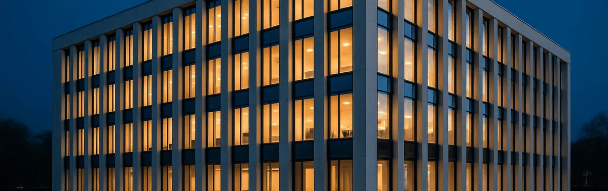 Architekturfotografie in Wien: moderne Fassade mit geraden Linien im Licht der blauen Stunde