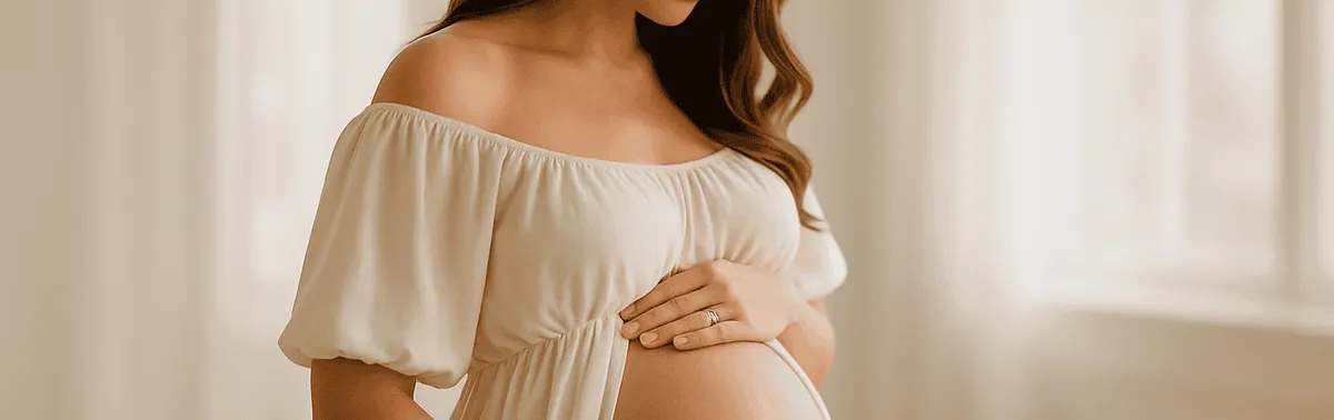 Babybauch Fotograf in Wien fotografiert eine werdende Mutter mit rundem Bauch bei weichem Studiolicht