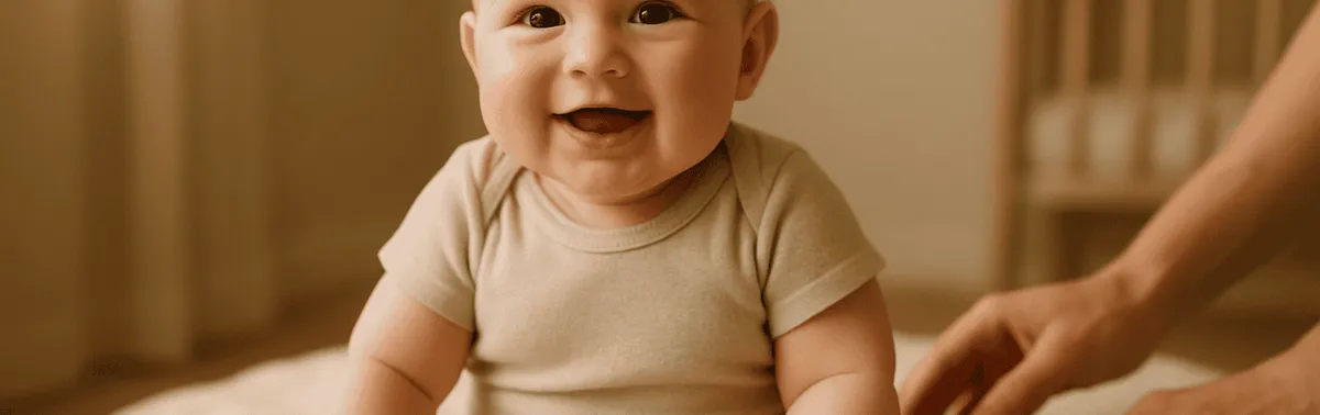 Babyfotograf in Wien fotografiert ein sitzendes Baby von etwa sieben Monaten bei sanftem Studiolicht