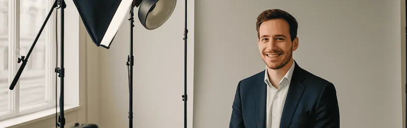 Professionelle Bewerbungsfotos im Fotostudio in Wien: freundlicher Bewerber im Sakko vor hellgrauem Hintergrund unter Studiolicht