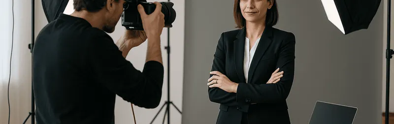 Businessfotograf bei der Arbeit im Studio in Wien, der eine Führungskraft vor neutralem Hintergrund fotografiert