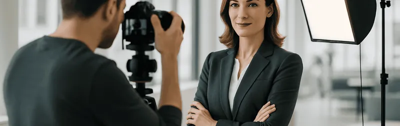 Businessfotografie in Wien: Fotograf beim Corporate-Portrait-Shooting einer Geschäftsfrau im modernen Büro