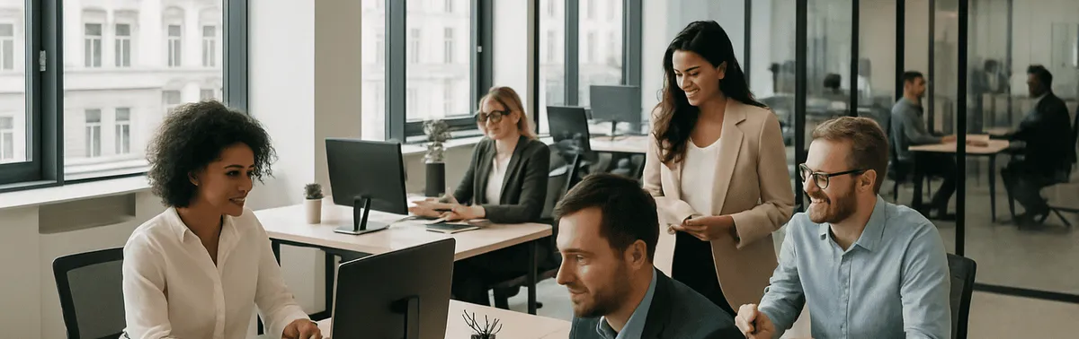 Corporate Fotografie in einem Wiener Unternehmen: Team im hellen Büro als Teil einer einheitlichen Bildwelt