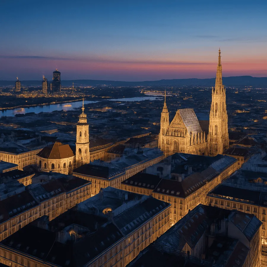 Drohnenfotografie Wien: Stadtpanorama von Wien aus der Luft in der Dämmerung mit warmem Lichterglühen
