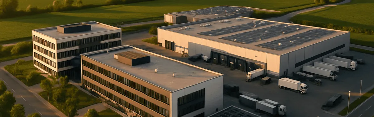 Drohnenfotografie in Österreich: Luftaufnahme eines Gewerbe- und Industrieareals bei Wien im warmen Abendlicht