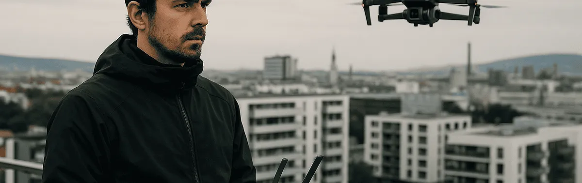 Drohnenpilot steuert eine Kameradrohne über dem Stadtrand von Wien für professionelle Luftaufnahmen