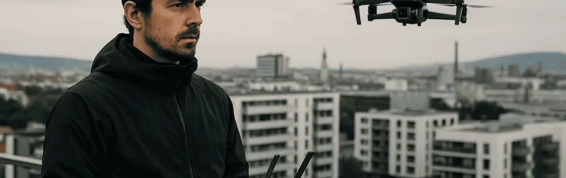 Drohnenpilot steuert eine Kameradrohne über dem Stadtrand von Wien für professionelle Luftaufnahmen