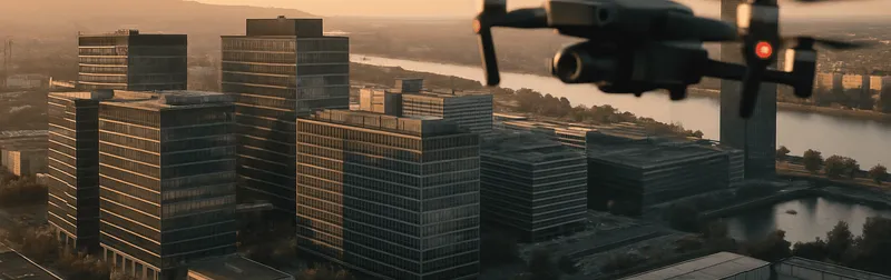 Drohnenvideo eines Betriebsareals in Wien aus der Luft, bewegte Luftaufnahme in 4K für Unternehmen