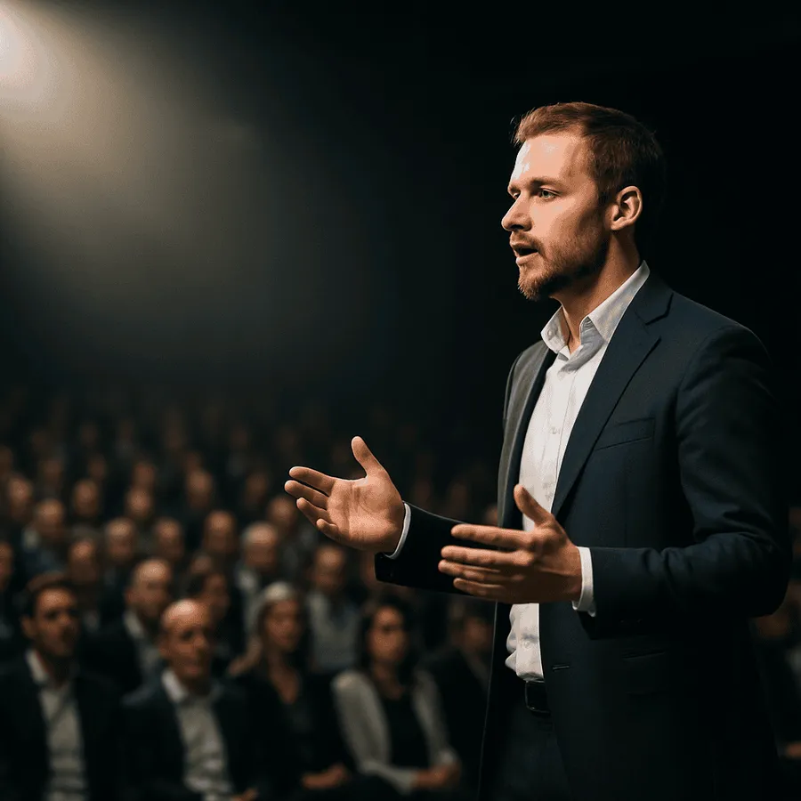 Keynote-Speaker auf der Bühne im Spotlight, Eventfotografie Wien bei einer Firmenkonferenz