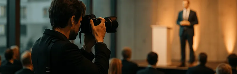 Eventfotograf bei der Eventfotografie eines Firmenkongresses in Wien, im Fokus ein Redner auf der Bühne