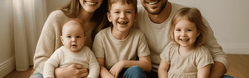 Familienshooting in Wien: Eltern mit zwei Kindern und Baby entspannt im hellen Fotostudio bei natürlichem Licht
