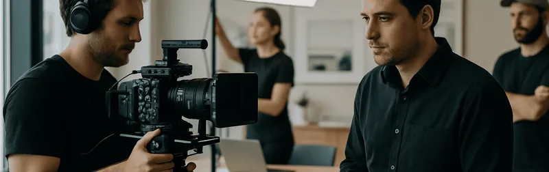 Filmproduktion für Unternehmen in Wien: Filmteam mit Kamera, Licht und Ton am Set einer professionellen Videoproduktion