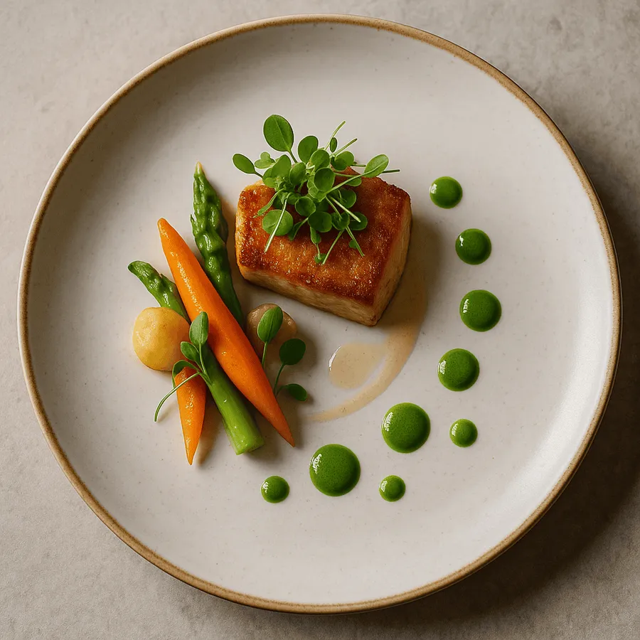 Fine-Dining-Teller kunstvoll angerichtet, Draufsicht, Beispiel professioneller Foodfotografie