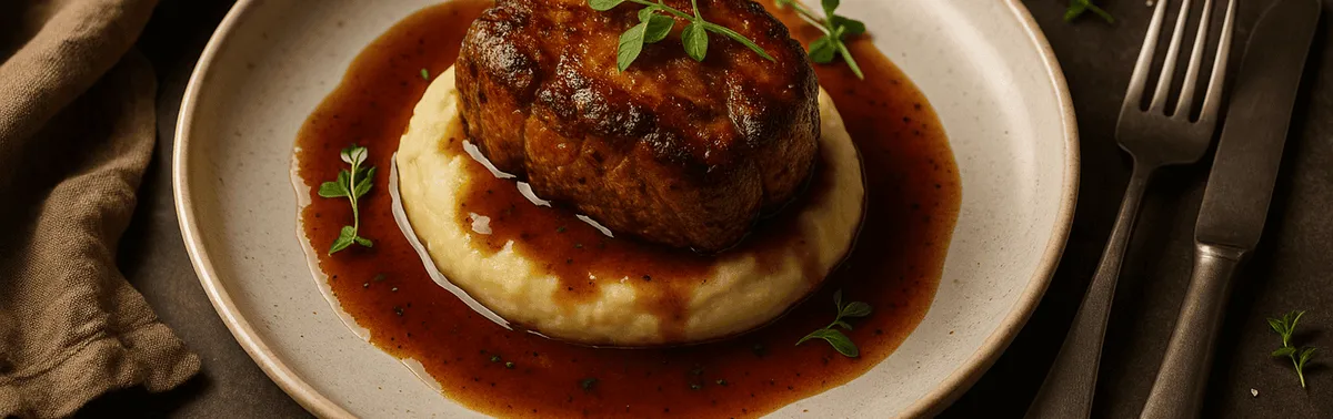 Foodfotografie: appetitlich angerichtetes Fleischgericht mit glänzender Sauce und frischen Kräutern auf hellem Teller
