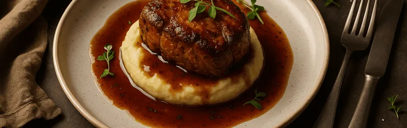 Foodfotografie: appetitlich angerichtetes Fleischgericht mit glänzender Sauce und frischen Kräutern auf hellem Teller