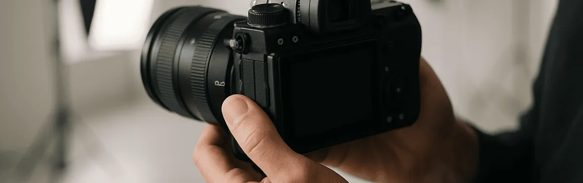 Profifotograf mit Kamera im Studio in Wien, gutes Foto entsteht durch Licht, Bildaufbau und Schärfe
