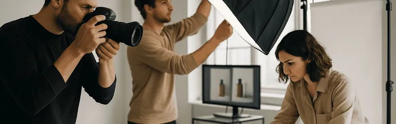 Fotoagentur bei der Arbeit: Team aus Fotograf, Lichtassistenz und Stylist im Studio für Foto und Video