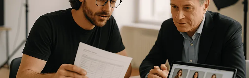 Kundin und Fotograf besprechen beim Fotograf buchen in Wien Briefing und Angebot im Studio