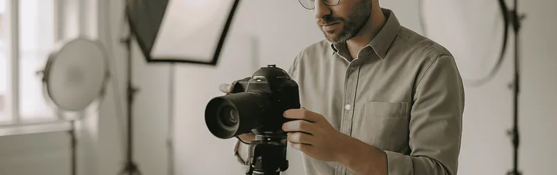Professioneller Fotograf bei der Arbeit im Studio in Wien, Kamera auf Stativ, Bildkontrolle beim Shooting