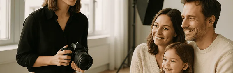 Fotografin im hellen Fotostudio in Wien begleitet ein einfuehlsames Familien-Portraitshooting mit warmem Tageslicht
