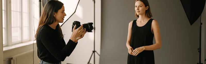 Fotoshooting im Fotostudio in Wien: Fotografin richtet ein Model vor Softbox und Hintergrund für professionelle Aufnahmen ein