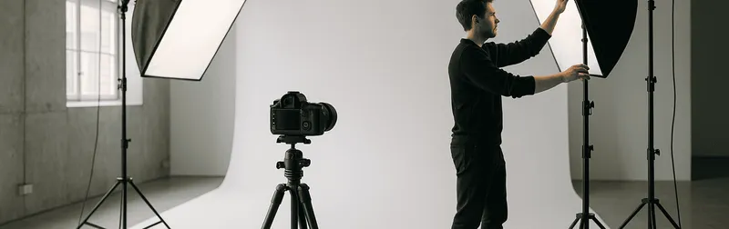 Professionelles Fotostudio in Wien mit Softbox-Licht, weißer Hohlkehle und Kamera auf dem Stativ
