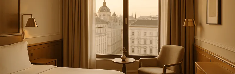 Hotelfotograf in Wien fotografiert eine helle Hotelsuite mit Tageslicht, gemachtem Bett und warmen Holzakzenten