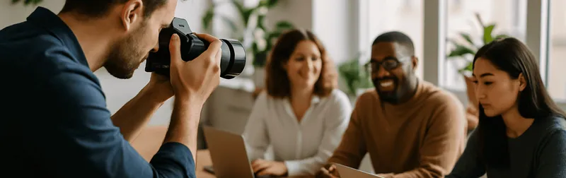 Imagefotografie in einem Wiener Unternehmen: Fotograf hält ein Team bei der Arbeit im hellen Büro fest