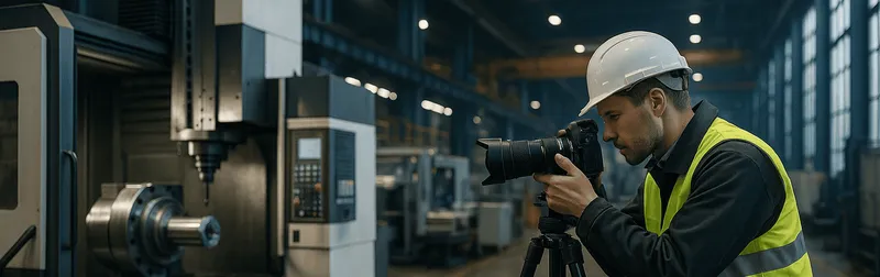 Industriefotograf bei der Arbeit in einer Produktionshalle, setzt Maschinen und Anlagen mit mobilem Licht in Szene
