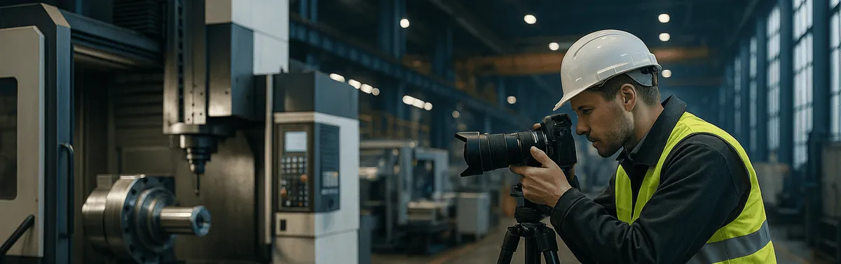 Industriefotograf bei der Arbeit in einer Produktionshalle, setzt Maschinen und Anlagen mit mobilem Licht in Szene