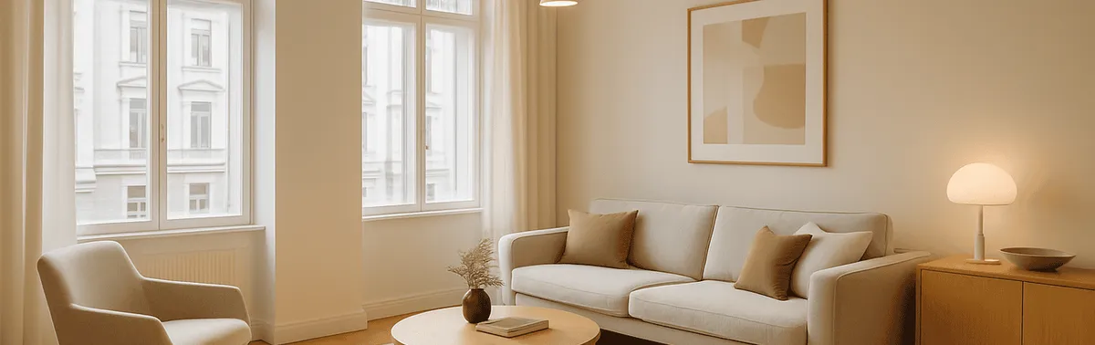 Professionelle Innenaufnahmen eines hellen Wohnraums mit geraden Fluchtlinien und ausgewogenem Fensterlicht in Wien