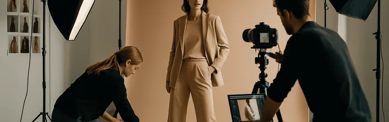 Kampagnenfotografie in Wien: Set-Aufbau mit Model, Studiolicht und Moodboard für eine Markenkampagne