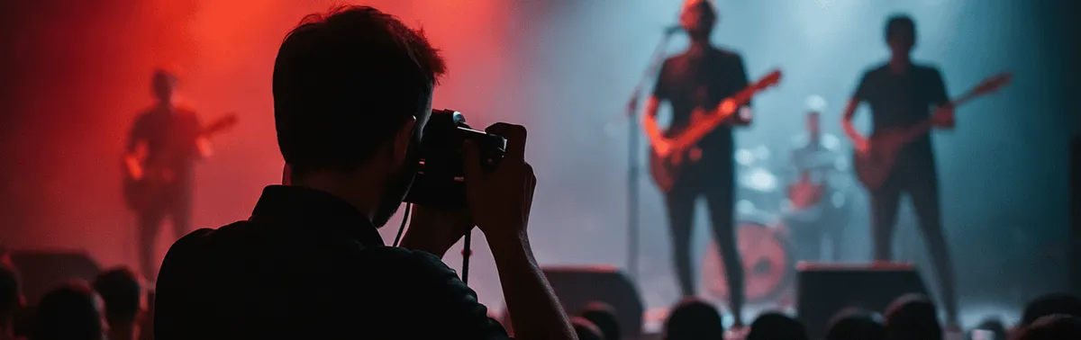 Konzertfotograf im Fotograben fotografiert eine Band bei farbigem Bühnenlicht