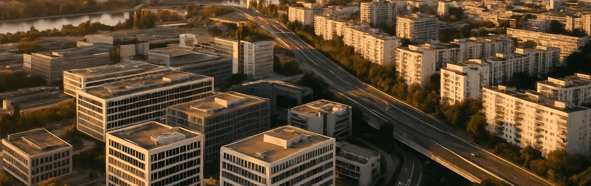 Luftaufnahmen per Drohne von einem Firmengelände und modernen Gebäuden aus der Vogelperspektive im Abendlicht in Wien