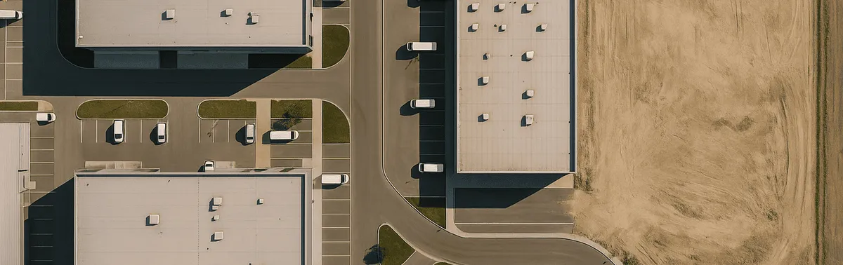Luftbildfotografie per Drohne: senkrechte Luftaufnahme eines Industrieareals mit Hallendächern, Zufahrten und Bauplatz nahe Wien