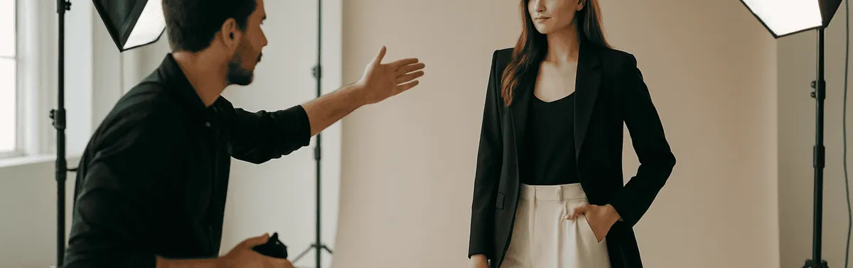 Modefotograf bei der Arbeit im Studio in Wien: er führt ein Model beim Fashion-Shooting vor Studiolicht