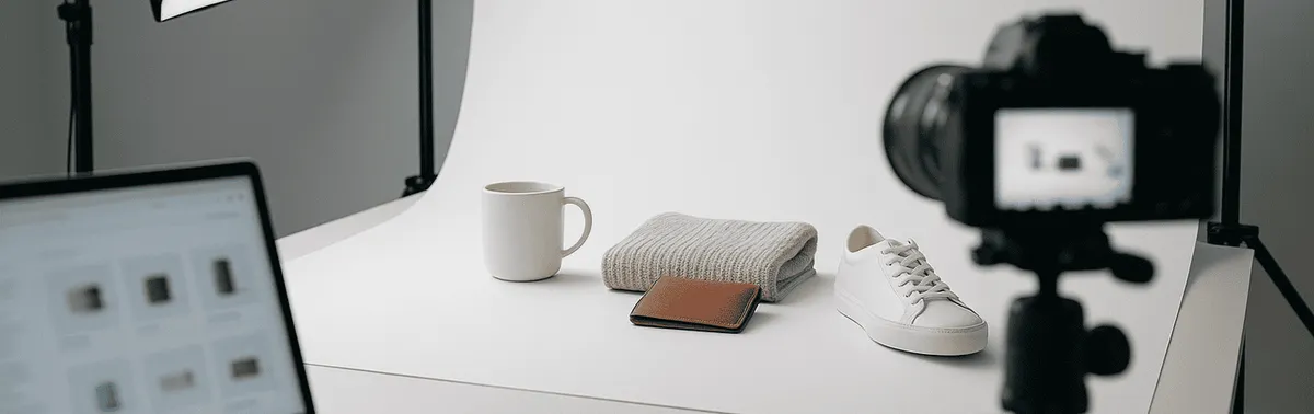 Onlineshop Fotografie im Studio: Produkte auf weißem Hintergrund, Kamera und Shop-Ansicht am Laptop