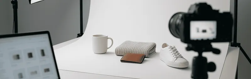 Onlineshop Fotografie im Studio: Produkte auf weißem Hintergrund, Kamera und Shop-Ansicht am Laptop