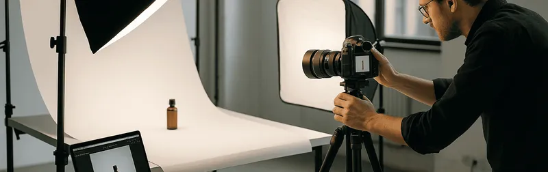Produktfotograf bei der Arbeit im Studio in Wien, Freisteller-Setup mit Softbox-Licht für Onlineshop-Produktfotos