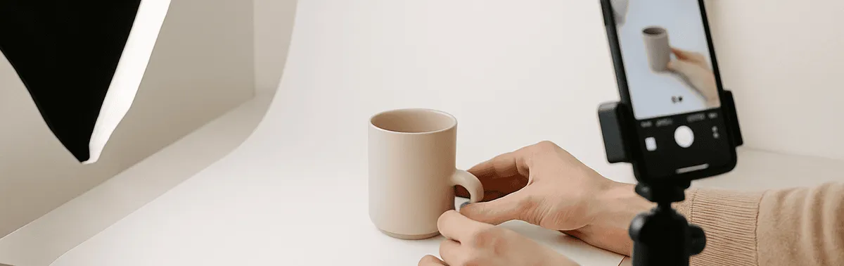 Produktfotos selbst gemacht: Produkt auf weißem Hintergrund mit Softbox und Smartphone im kleinen Studio-Setup