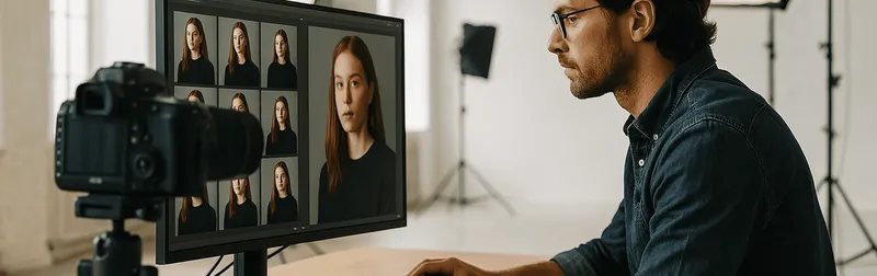 Professioneller Fotograf in einem Wiener Studio prüft Aufnahmen am kalibrierten Monitor
