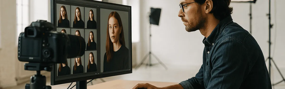 Professioneller Fotograf in einem Wiener Studio prüft Aufnahmen am kalibrierten Monitor