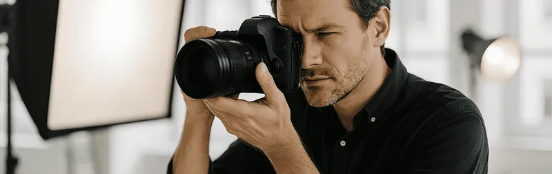 Profifotograf bei der Arbeit im Studio in Wien mit Profikamera und gesetztem Studiolicht