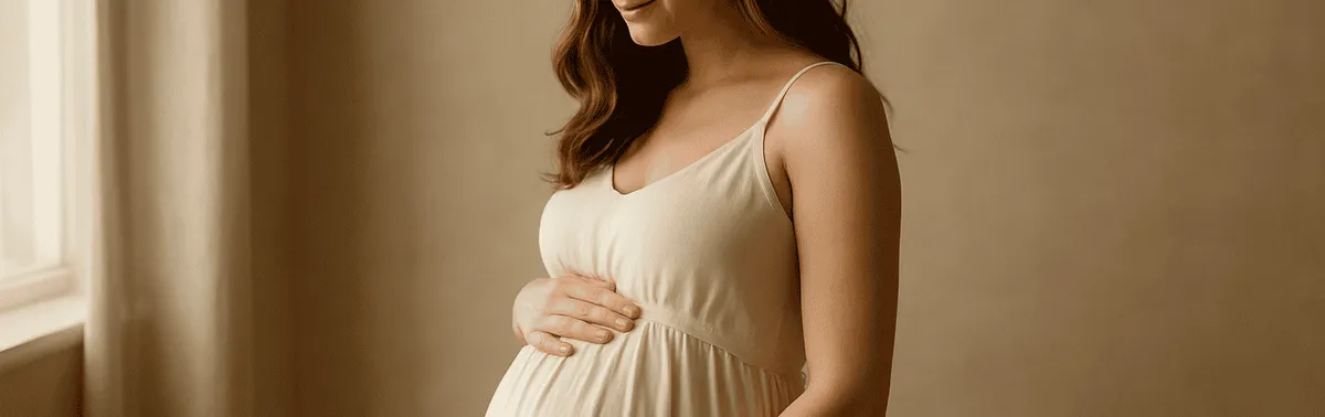 Schwangerschaftsfotos im Studio: werdende Mutter hält ihren Babybauch im weichen Fensterlicht in Wien