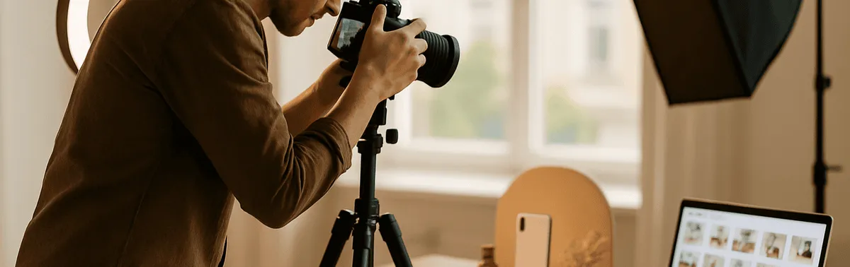 Social Media Fotograf in Wien bei der Content-Produktion mit Kamera, Ringlicht und Laptop im Studio