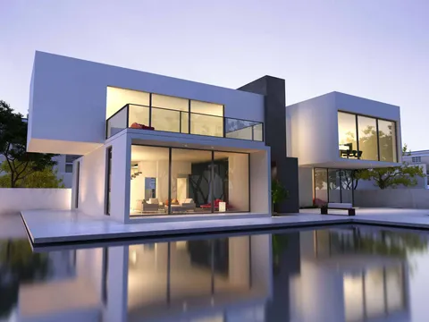 Aufnahme eines modernen Hauses mit Pool.