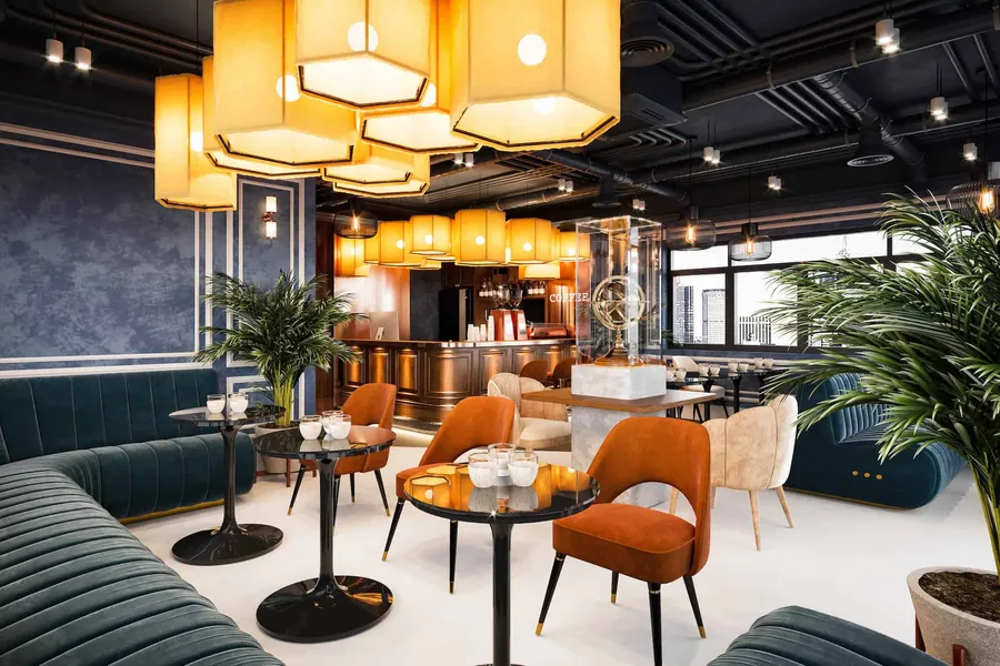 Der Innenraum eines Restaurants ist in Blau und Orange gehalten.