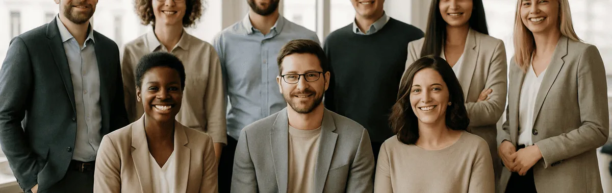 Einheitliche Teamfotos eines Unternehmensteams im hellen Büro in Wien, professionelles Gruppenfoto für Website und Karriereseite
