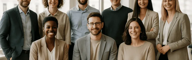 Einheitliche Teamfotos eines Unternehmensteams im hellen Büro in Wien, professionelles Gruppenfoto für Website und Karriereseite
